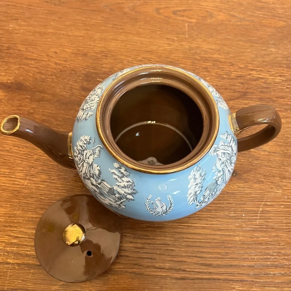 Vintage SadlerBlue & Brown Ceramic Teapot – Gilt Trim, Classical Scene Band